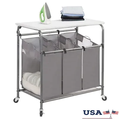 Heavy-Duty Laundry Cart with 3-Section Sorter and Folding Ironing Board