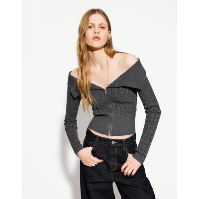 Bershka Cable-Knit Bardot Cardigan With Zip Women M Grey