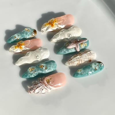 TEMU 10pcs Set -shaped Handcrafted , Color Ocean- With Floral, Starfish, Pearls & Seashell Accents, , Medium Length For Women And Girls & Gift Image