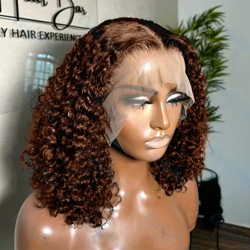 Perruque Bob Lace Front Brésilienne Naturelle Sans Colle, Cheveux Courts Bouclés, Brun Chocolat, 13x4 HD, 7x5, Prêt à l'emploi, 250%