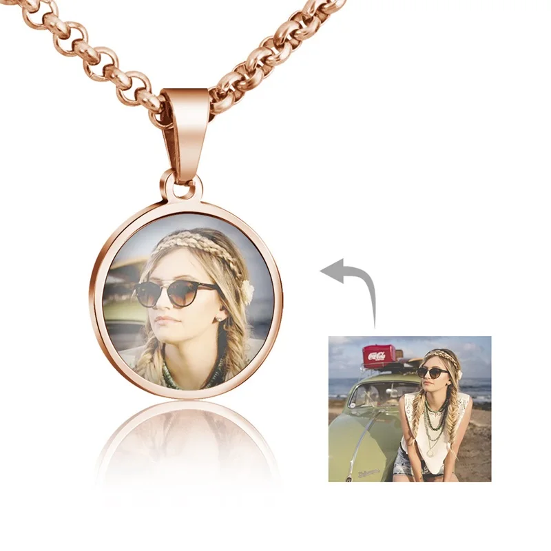Personalisierte Foto-Halskette für Frauen, individueller Text, graviert/bedruckt, Foto-Halskette, runder Anhänger aus Edelstahl, Halsketten, Schmuck Image