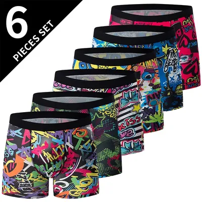 6-teilige Herrenmode mit Graffiti-Aufdruck, lange Boyshort-Unterwäsche, bequem und atmungsaktiv, Image