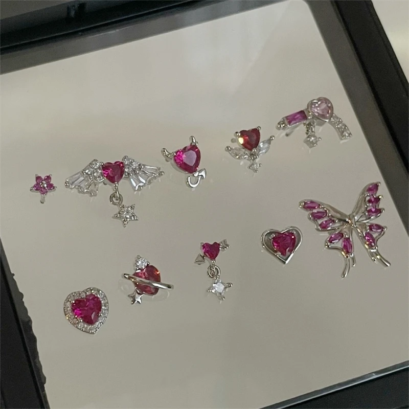 Neue Trendy Shiny Rose Rot Farbe Zirkon 316L Edelstahl Ohr Knochen Nagel Y2K Gothic Liebe Herz Kleine Ohrringe für Frauen schmuck