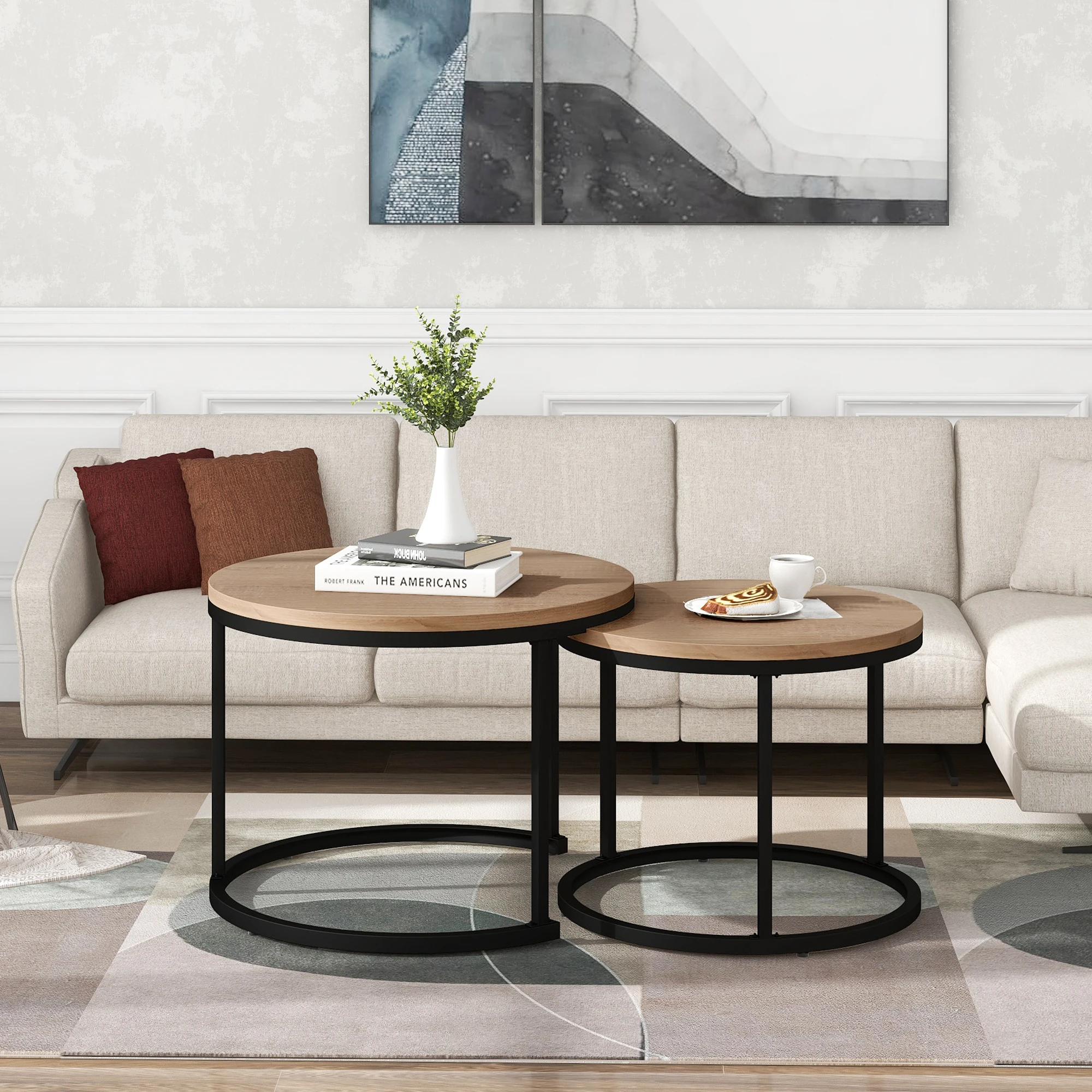 Runder Couchtisch im 2er-Set, runder verschachtelter Beistelltisch für das Wohnzimmer, elegante und moderne verschachtelte Couchtische