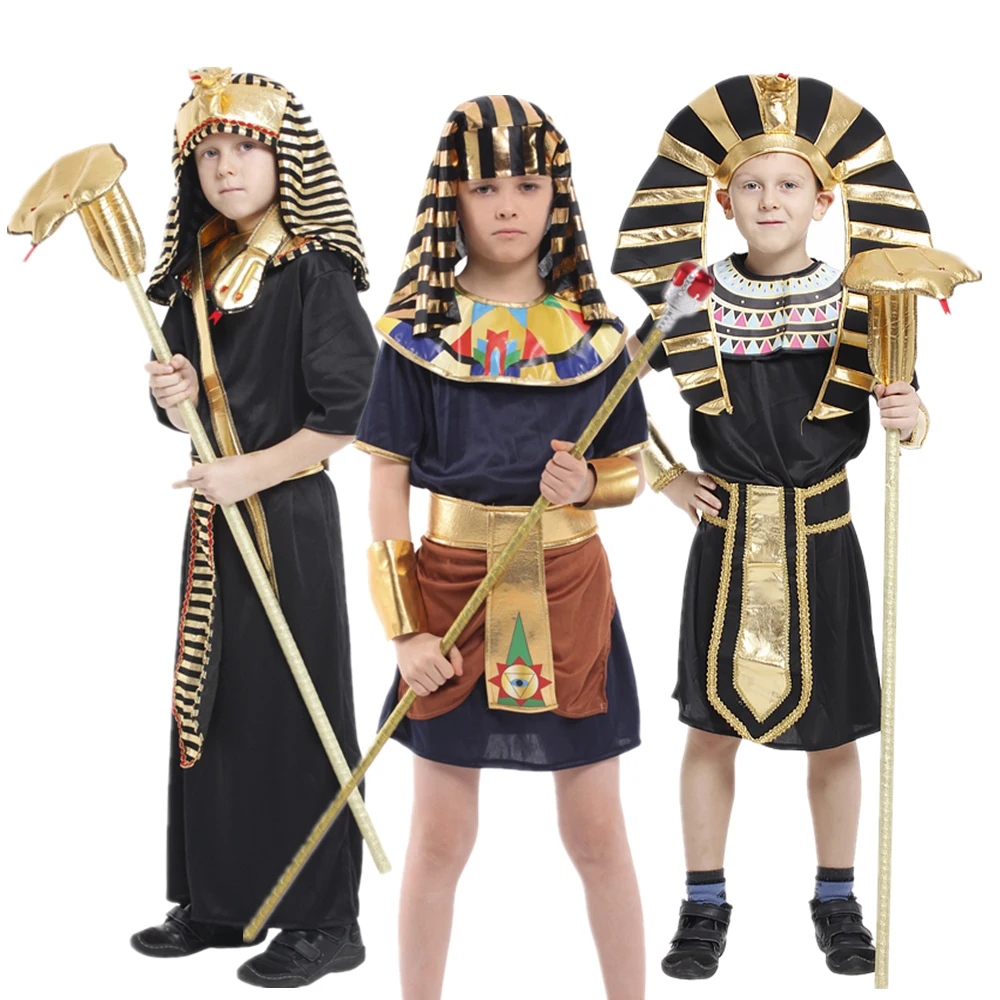 Kinder Halloween Kostüm alten Ägypten König Pharao Kaiser Cosplay Outfits glänzend Gold Phantasie Kleidung Kinder Party verkleiden Image