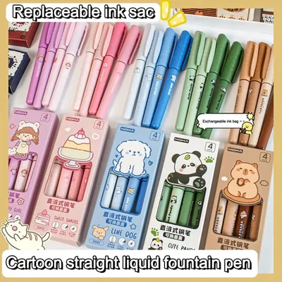 4Pcs Cute EF Tip Capibara Fountain Pen Quick-drying Replacable Ink Refillable Fountain Pen Black Ink Fountain Pens Studengt