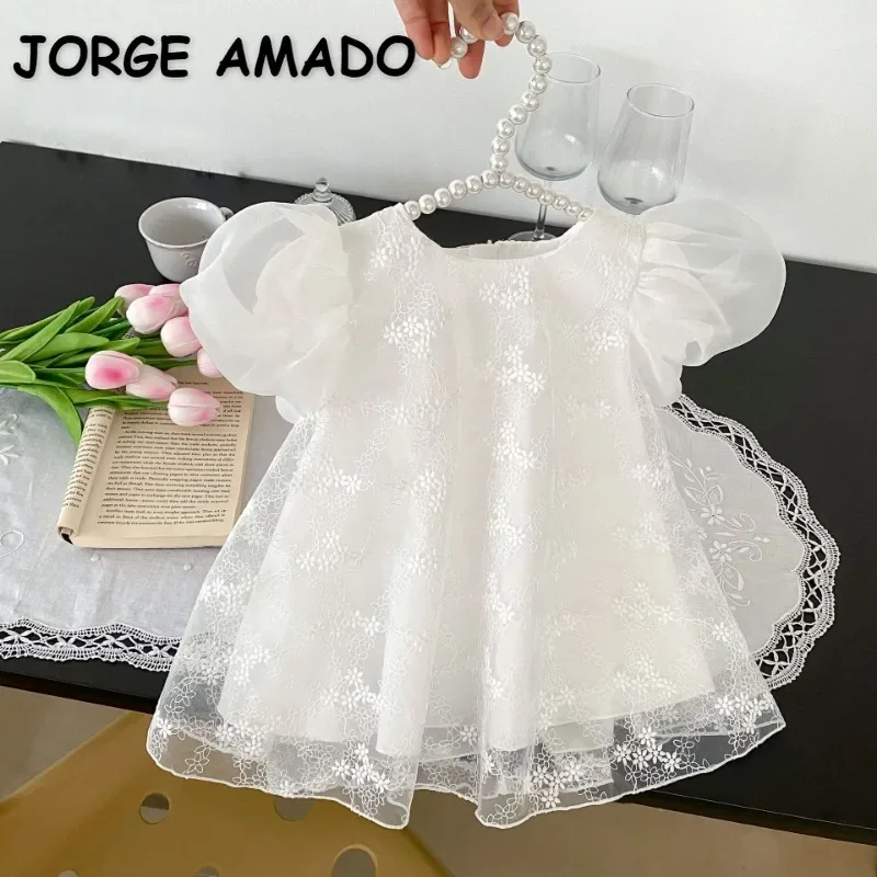 Neue Sommer Kleinkind Baby Kleider runden Kragen kurze Ärmel einfarbige Spitze weiße Prinzessin Kleider h7009 Image