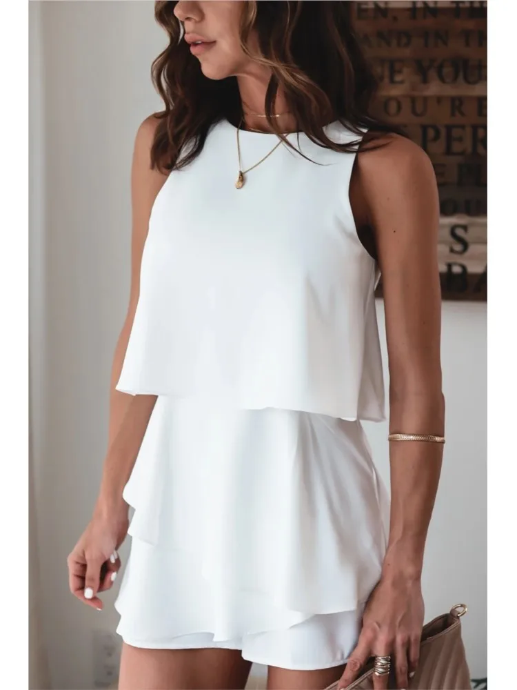 Unregelmäßige Layered Ärmellose Kurze Overalls Frauen Mode Einfarbig O Neck Shorts Overall Frühling Sommer Neue Weibliche Kleidung Image
