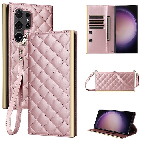 Handy Hülle Handyhüllen Für Samsung Galaxy S25 S24 S23 S23 FE S22 S21 Ultra Plus S20 Brieftaschenhülle mit Trageriemen Mit Handgelenkschlaufe Ständer Geometrisches Muster TPU PU-Leder Image