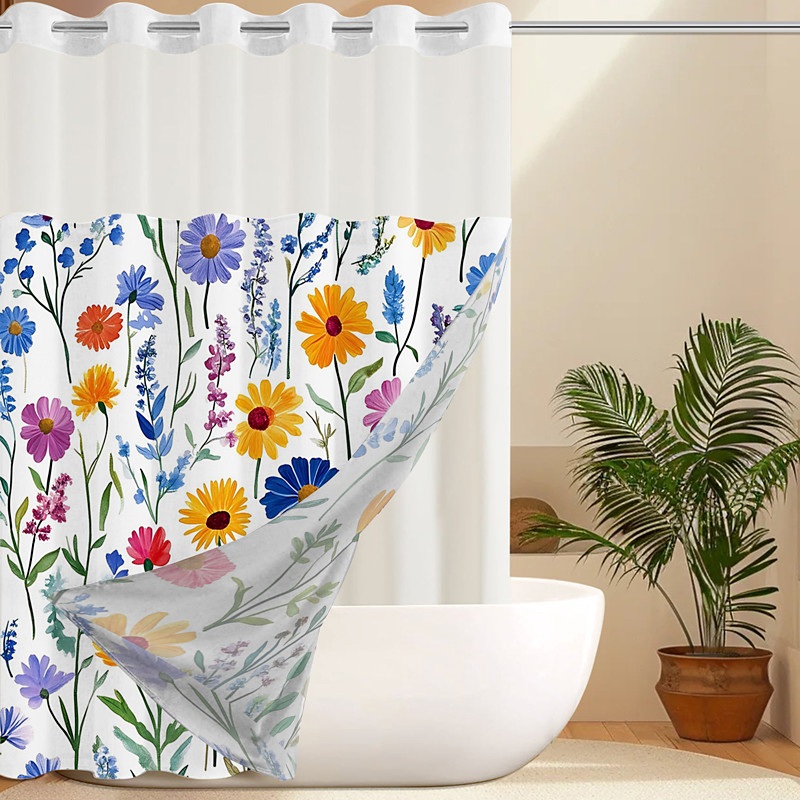 Flower Waffle-Weave Textured Shower Curtain Set with Snap-in Liner and Sheer Window Water-Repellent Polyester Grommet Top,120GSM Hotel Quality Spa Style Bathroom Partition No Hooks Required