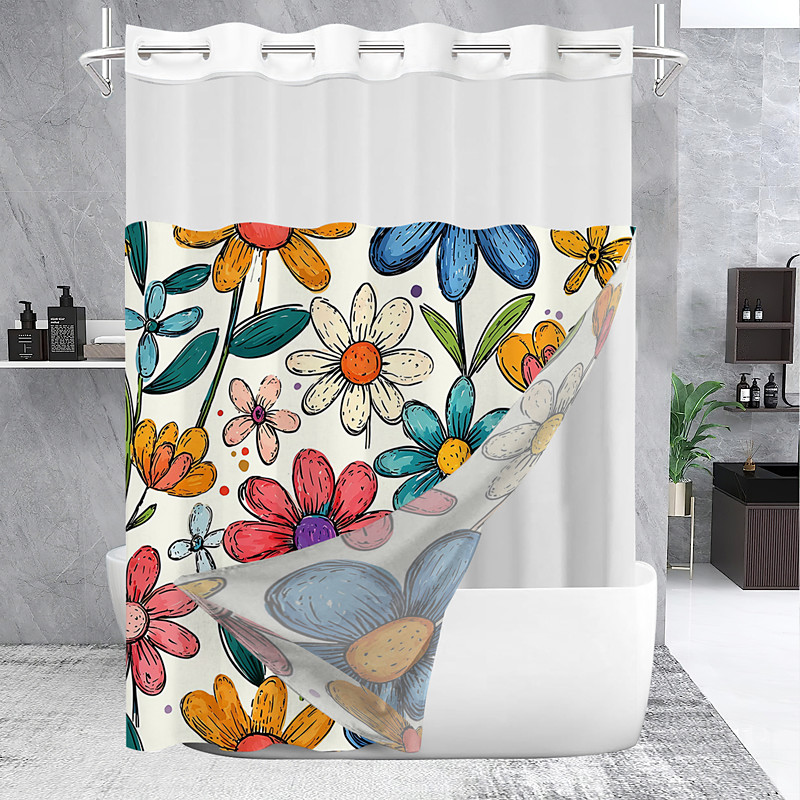 Flower Waffle-Weave Textured Shower Curtain Set with Snap-in Liner and Sheer Window Water-Repellent Polyester Grommet Top,120GSM Hotel Quality Spa Style Bathroom Partition No Hooks Required