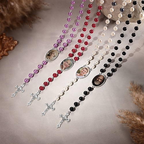 Personalisierte Foto-Rosenkranz-Kreuzkette mit Foto, individuelles Erinnerungsgeschenk für Frauen, perfekt für Hochzeiten oder besondere Anlässe Image