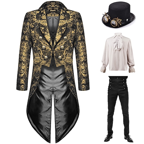 Set mit Steampunk Frack Hohe Taille Hose Zylinder mit Goggles Retro Mittelalter Mantel Jacke Oberbekleidung Gerade Leg Hose Outfits Herren Ebenezer Scrooge Elf Kostüm Maskerade Weihnachtsfeier Image