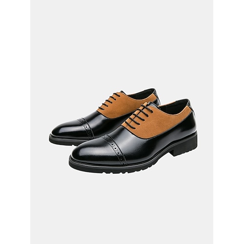 Schwarze und hellbraune Brogue-Oxford-Schuhe aus Kunstleder für Herren – stilvolle, formelle Schnürschuhe mit bequemer Sohle für geschäftliche und legere Anlässe Image