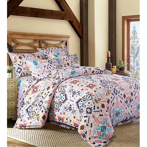 Bettbezug mit Blumenmotiv im Boho-Stil in voller Größe, Bettwäscheset mit böhmischen Linien, Bettsets mit aztekischen Linien, geometrischer Bettbezug, weicher, leichter Bettbezug mit 2 Kissenbezügen für den Sommer und Frühling Image