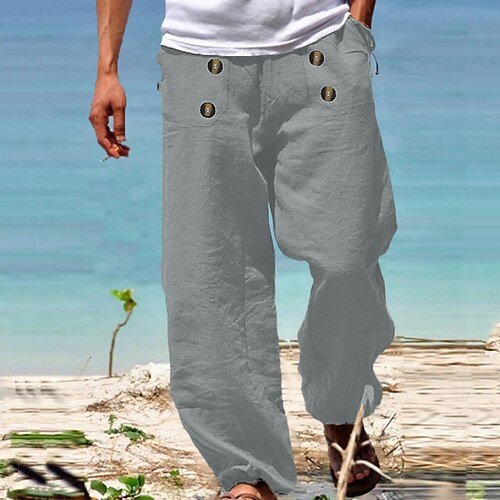 Herren Leinenhose Hose Hosen Sommerhosen Strandhose Gazehose Knopf Kordelzug Elastische Taille Glatt Komfort Atmungsaktiv In voller Länge Täglich Festtage Strand Urlaub Modisch Schwarz Weiß Image