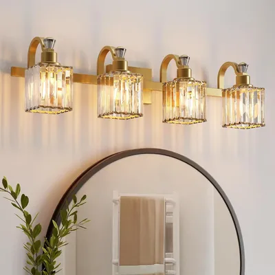 Crystal Vanity Light Fixtures 4-Light Wall Sconces for Bathroom Gold Modern Wall Mount Lanterns Wall