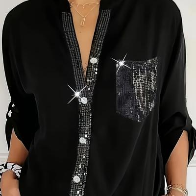 TEMU V-neck Shirt With Contrasting Sequin Details, Solid Color Long-sleeve Blouse For Women's Casual Loose Fit, Spring And Autumn Season, Fashionable Irregular , Elegant Sequined Fabric Button-up Image