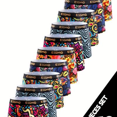 TEMU 10pcs Esmso Vibrant Geometric Men's Boxer Briefs - Stretch Polyester , Abstract Patterns, Fit With Waistband, Machine Washable Image
