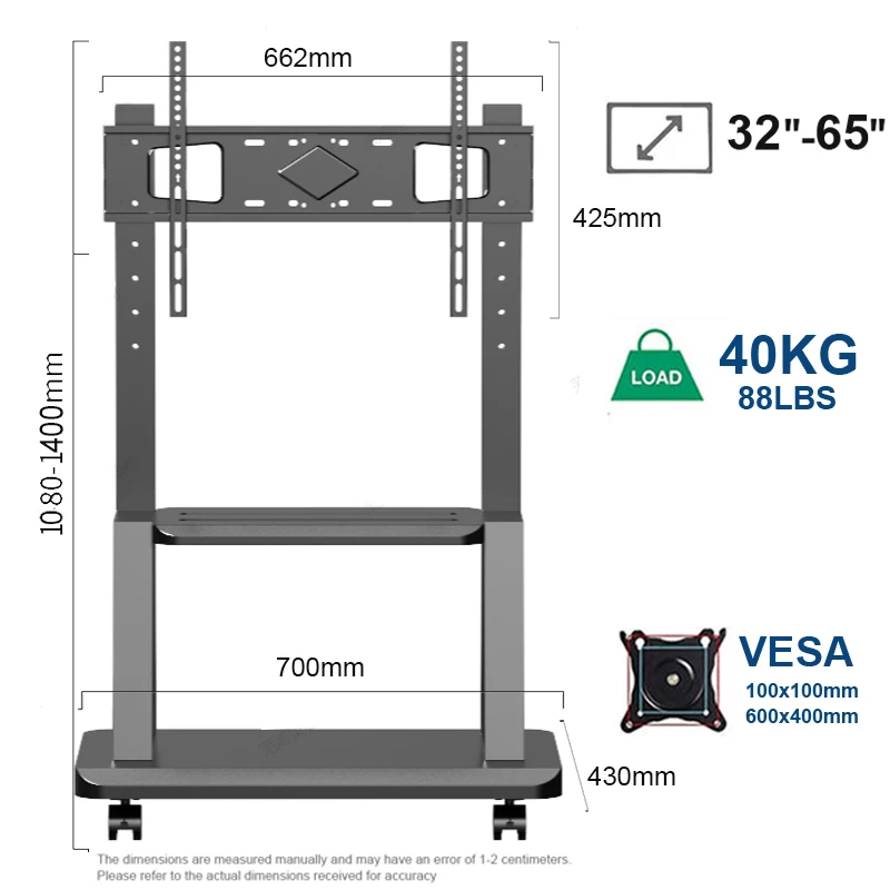 Mobiler TV-Wagen, rollender TV-Ständer für 32-65-Zoll-Fernseher mit feststellbarem Rad, höhenverstellbarer TV-Ständer mit Rädern, max. VESA 600 x 400 mm