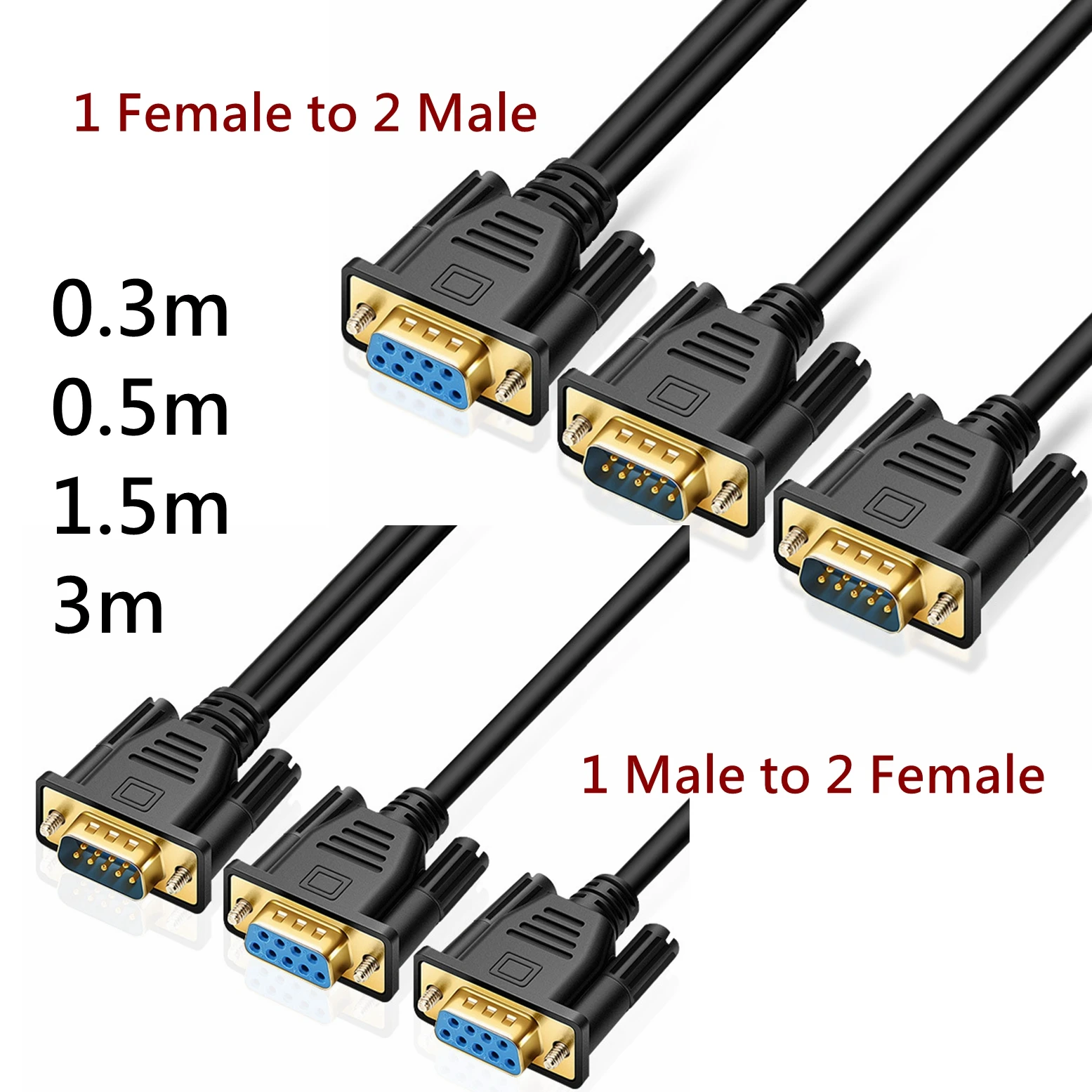 DB9 9-poliges Datenkabel, Stecker auf Buchse, für Registrierkassen, POS-Display, serieller Kabelsplitter, direkt verbunden, COM 2 in 1 auf 2 Rs232 Image