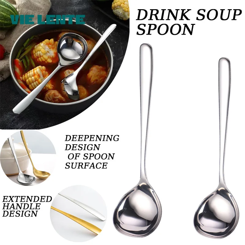 VIE LENTE Suppenlöffel aus Edelstahl mit langem Griff, 1 Stück, langer Griff, runde Kantenlöffel, multifunktional, einfach, langlebig, Kochlöffel Image