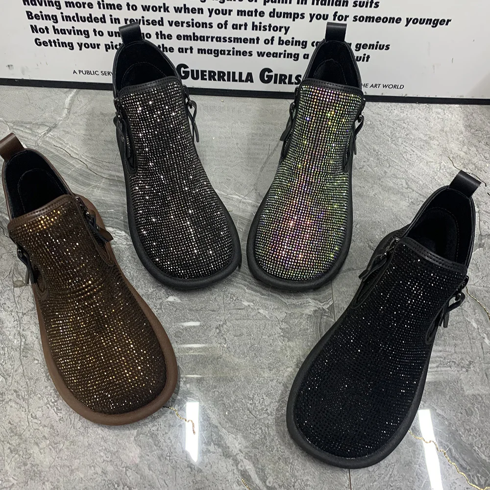 Winter Women Shoes Plus Size Flat Ankel Boots Antislip Warm Fur Fashion Rhinestone Snow Boots Designer Shoes Autumn Boots