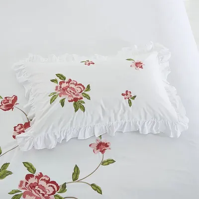2 stücke Weiß Rosa Stickerei Rose Blume Kissen Baumwolle Rüsche Kissen Sham Kissen Abdeckung Für Image