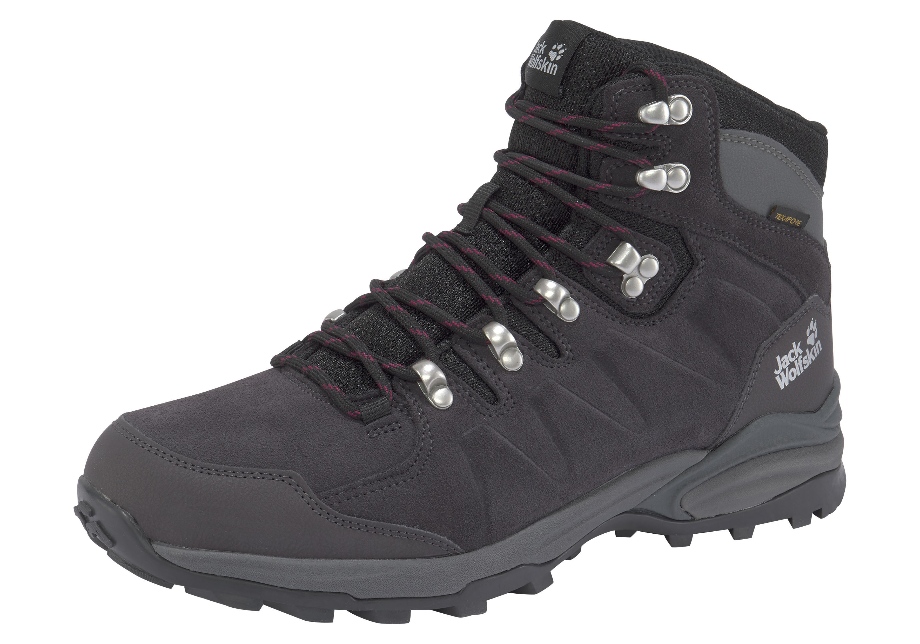 Wanderschuh JACK WOLFSKIN "REFUGIO TEXAPORE MID W", Damen, Gr. 37, lila (schwarz, steel, lila), Leder, Schuhe Wanderschuh, wasserdicht, Trekkingschuh