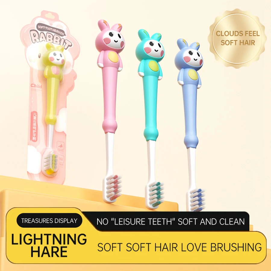 1/4 Stück Cartoon-Kaninchen-Kinderzahnbürste mit weichem Haar reinigt sanft den Mund für Jungen und Mädchen im Alter von 3–12 Jahren Image