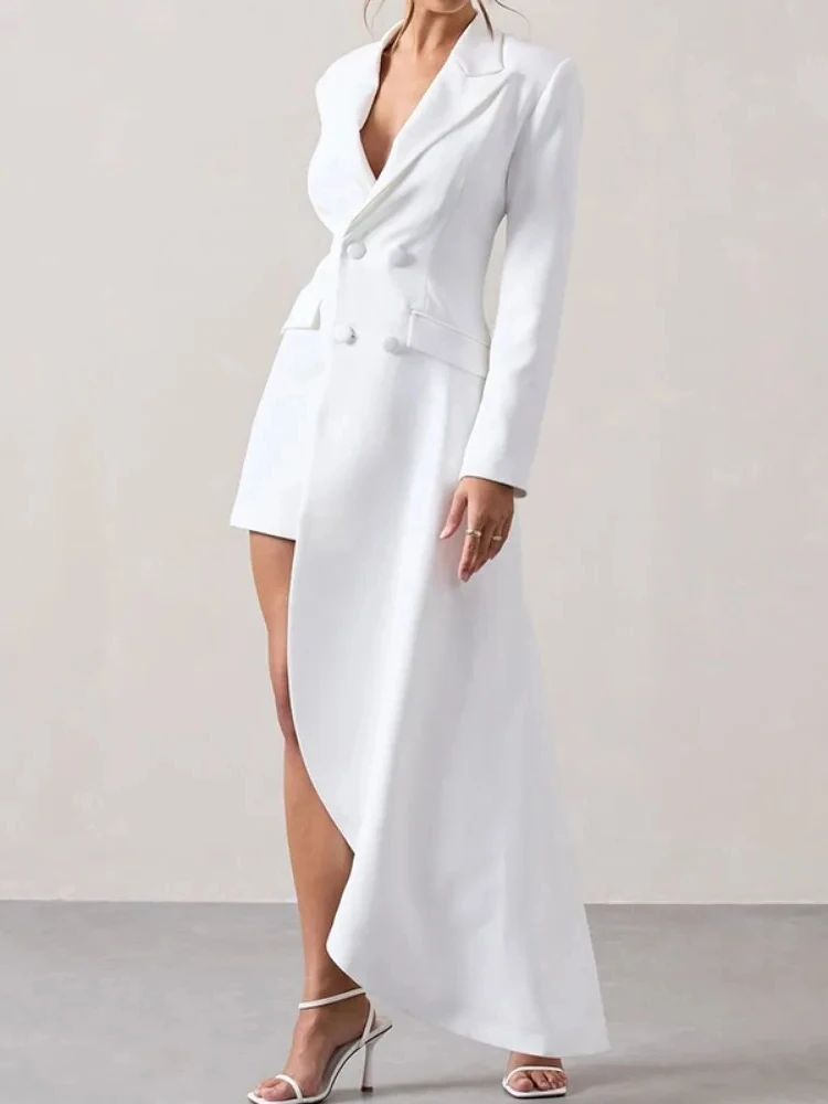 Yeezzi 2025, neue urbane weibliche schwarze weiße High-Low-Blazer mit gekerbtem Kragen, Büro-Damenmode, geknöpfte Tasche, Pendel-Outer Image