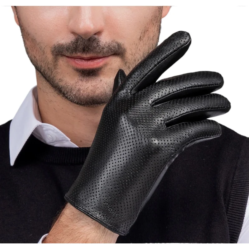 Echte Schaffell Leder Handschuhe Männer Atmungsaktive dünne seide futter Touchscreen Outdoor Radfahren Fahren Motorrad Handschuhe frühling Image