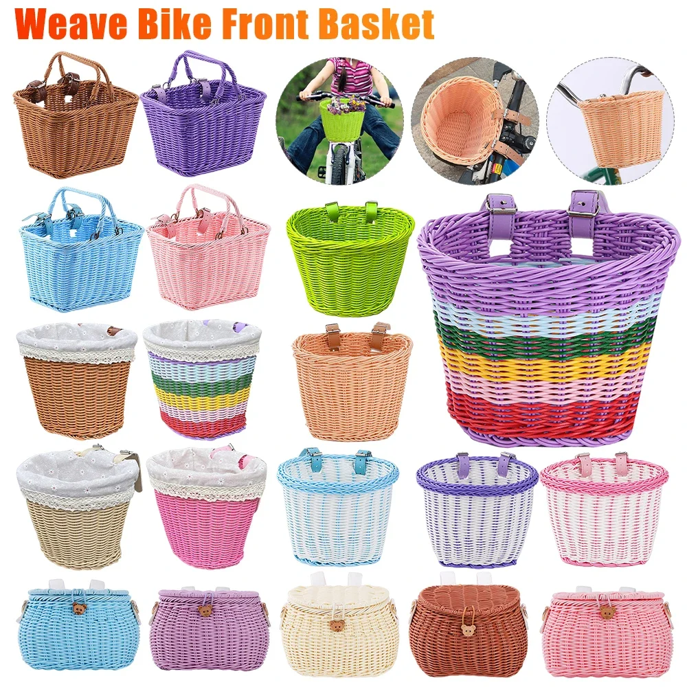 Handgewebter Fahrradkorb mit Gürtel, Kinderfahrradlenker, Weidenkörbe, Kinderscooter, vorderer Aufbewahrungskorb, Fahrradtasche und Packtaschen Image