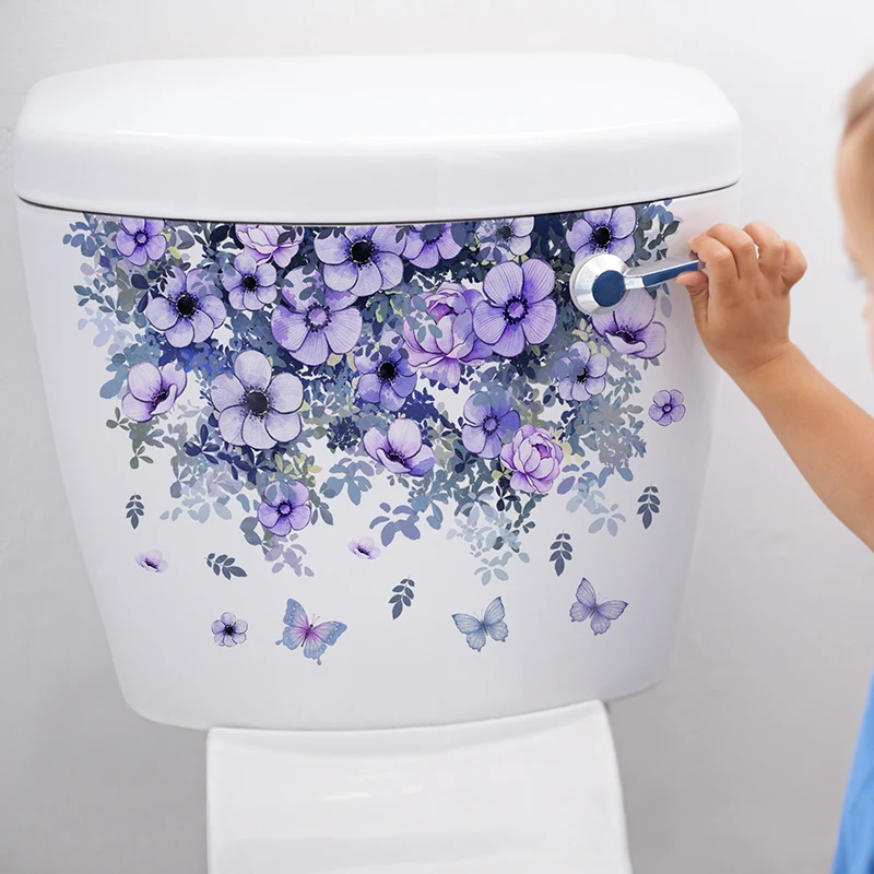 Lila Pflanze Blumen Wandaufkleber Badezimmer Toilette Dekor Wohnzimmer Schrank Home Dekoration Aufkleber Verschönern Sie das selbstklebende Wandbild Image