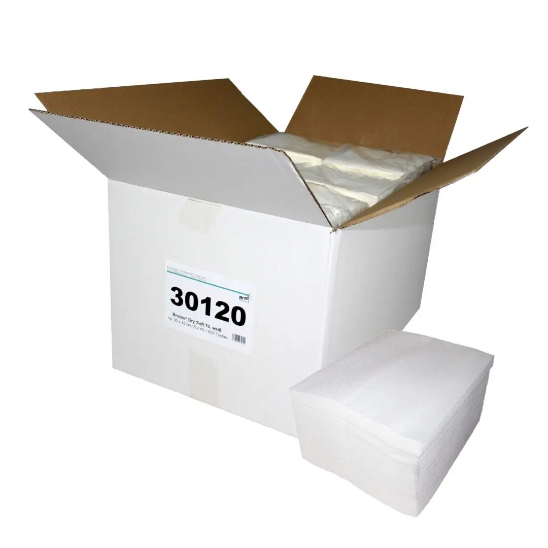 Brotex® Dry Soft 70, Airlaid Wischtücher einseitig geprägt, weiß, 87,5 % Zellstoff, 12,5 % VAT-Binder, ca. 30x38 cm, 15x40=600 Tücher Image