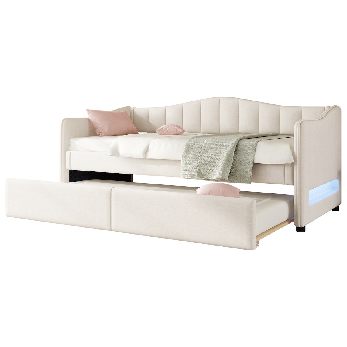 Merax Daybett, 90x200cm Tagesbett mit ausziehbarem Bett, Schlafsofa, Einzelbett(Ohne Matratze), Leinen, minimalistisches Styling, beige Image