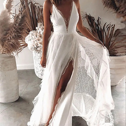 Damen Maxikleid Abschlusskleid Freizeitkleid A Linie Kleid Sommerkleid Stilvoll Sexy Urlaub Täglich Date Normale Passform Einfach Ärmellos V Ausschnitt Weiß Sommer Image