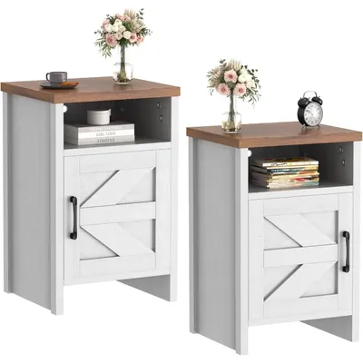 Farmhouse Nightstand, Modern Bedside Table with Barn Door and Shelf, Rustic End Table Side Table for
