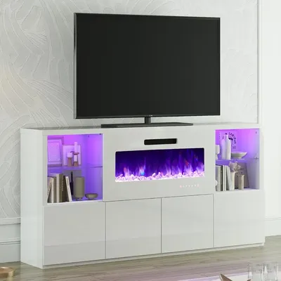 68" Modern Fireplace TV Stand for TVs up to 75", High Gloss Entertainment Center with 40"