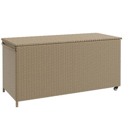 83 Gallon Deck Box, Large Outdoor Storage Chest, PE Wicker Trunk for Outside on Wheels, Pool Toys & Patio Furniture Cushions