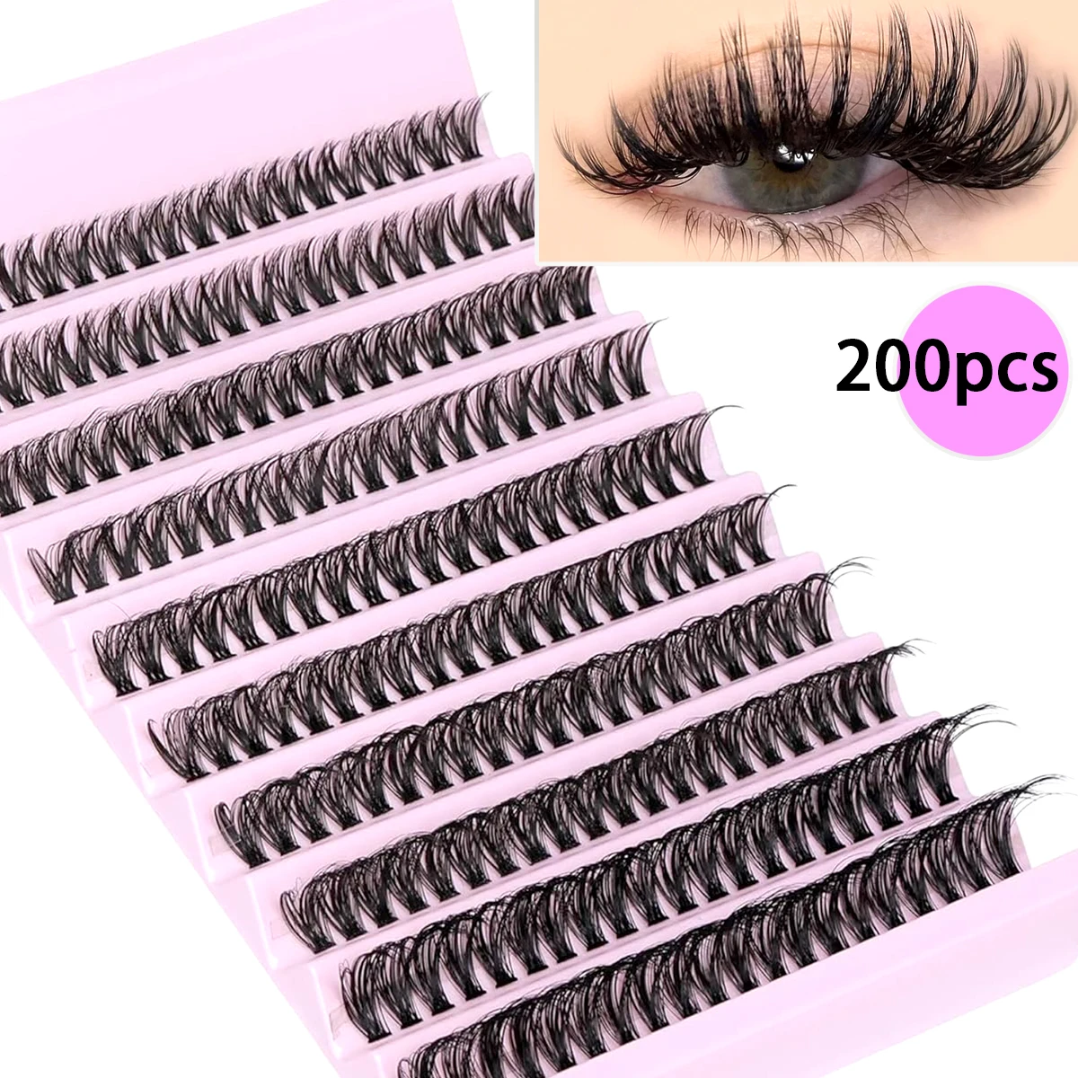 200 Stück Wispy Cluster Lashes 8–16 mm, natürliches Aussehen, einzelne Wimpern, flauschige DIY-Erweiterungen 30D-100D, anfängerfreundlich und wiederverwendbar Image