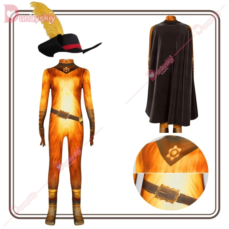 Erwachsene Kinder Puss Kostüm Katze in Stiefeln Cosplay Bodysuit Stram pler Unisex Puss Overall Umhang Halloween Outfits Image