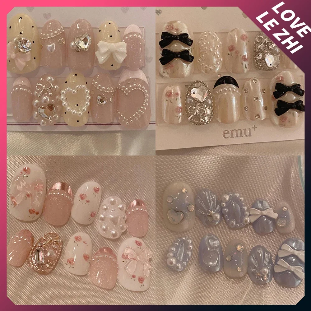 Rosa Perle Rose Charm Bogen dekoriert handgemachte Presse auf Nägeln mit Strass niedlichen kurzen Ballett gefälschte Nägel tragbare Maniküre-Tipps Image