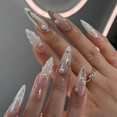TEMU Free Jelly Glue And Nail File 1pc, Box Of 24 Press-on European Style 3d Sparkling Silvery Premium -shaped Long False Nails Suitable For S And Women Gift Image