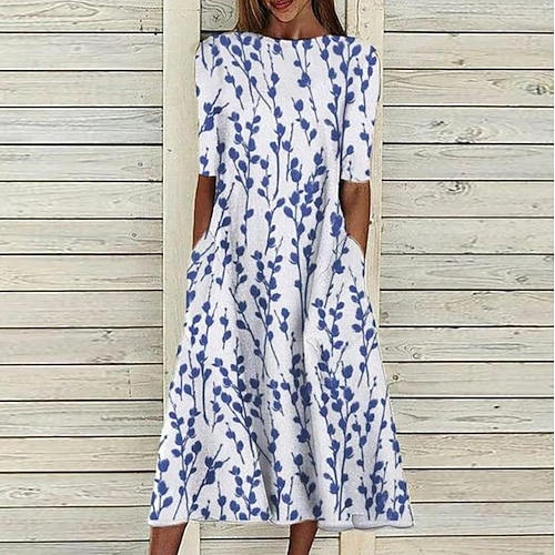 Abito Midi da donna Abito casual Blu Maniche corte Stampa Arricciata Primavera Estate Collo rotondo Casual 2023 S M L XL XXL 3XL