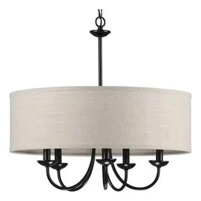 Progress Lighting 233021 - 5 Light Matte Black White Textured Linen Shade Chandelier Light Fixture (FIVE-LIGHT CHANDELIER HARVEST LINEN DRUM SHADE MATTE BLACK (P400193-031))