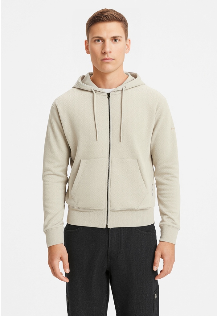 Kapuzensweatjacke JACK & JONES "JJECHARGE Hoodie mit Rippbündchen und praktischen Taschen", Herren, Gr. L, gelb (moonbeam), angeraute Sweatware, Obermaterial: 80% Baumwolle, 20% Polyester, unifarben, loose fit taillenbedeckt, ohne Ausschnitt,...