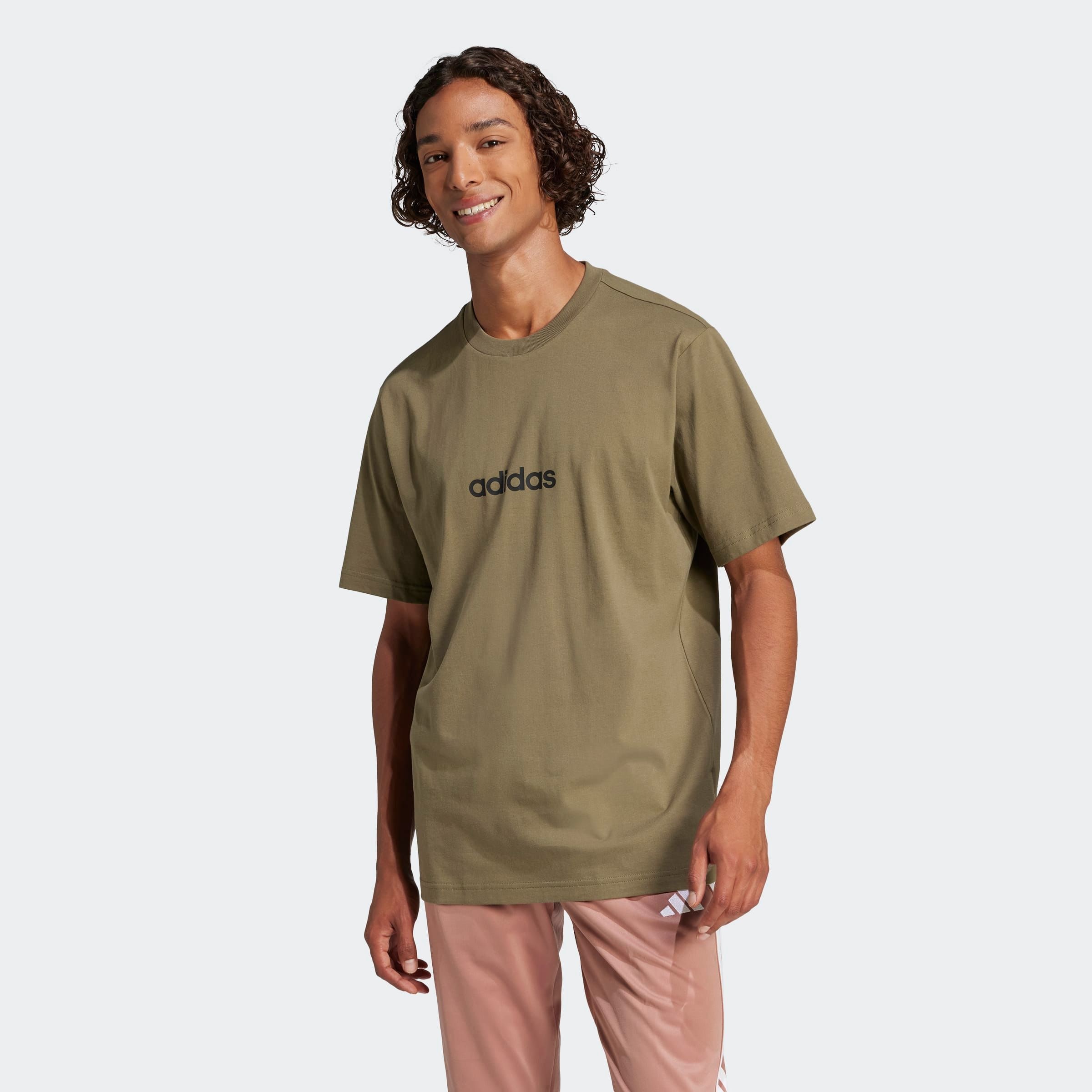 T-Shirt ADIDAS SPORTSWEAR "M LIN SJ T", Damen, Gr. M, grün (olive strata, schwarz), Obermaterial: 100% Baumwolle, normal, Rundhals, Shirts T-Shirt, überschnittene Schultern, Kurzarmdesign, aus Baumwolljersey