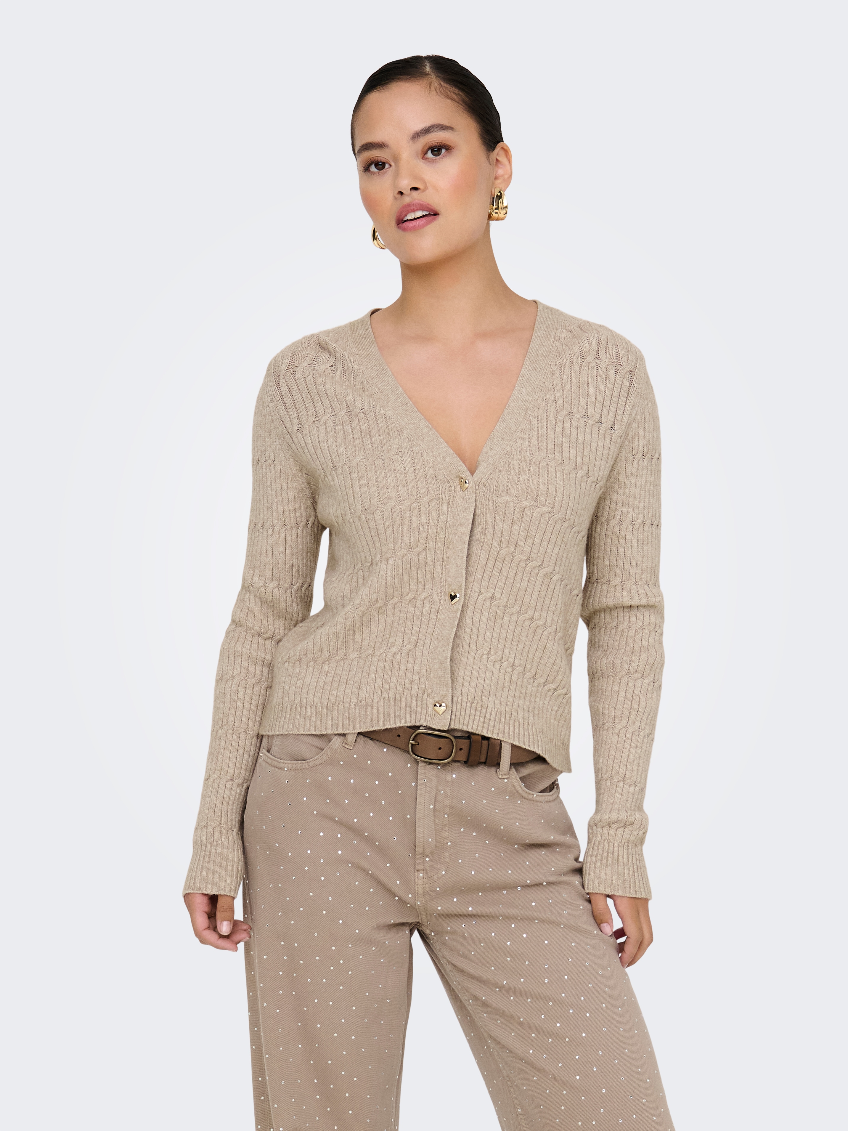 Strickjacke ONLY "ONLKATIA LS CABLE V-NECK CARDIGAN CC KNT", Damen, Gr. S, braun (mocha meringue detail:with melange), Strick, Obermaterial: 50% Viskose, 27% Nylon, 23% Polyester, meliert, figurbetont normal, V-Ausschnitt, Rippbündchen, Strickjacken...