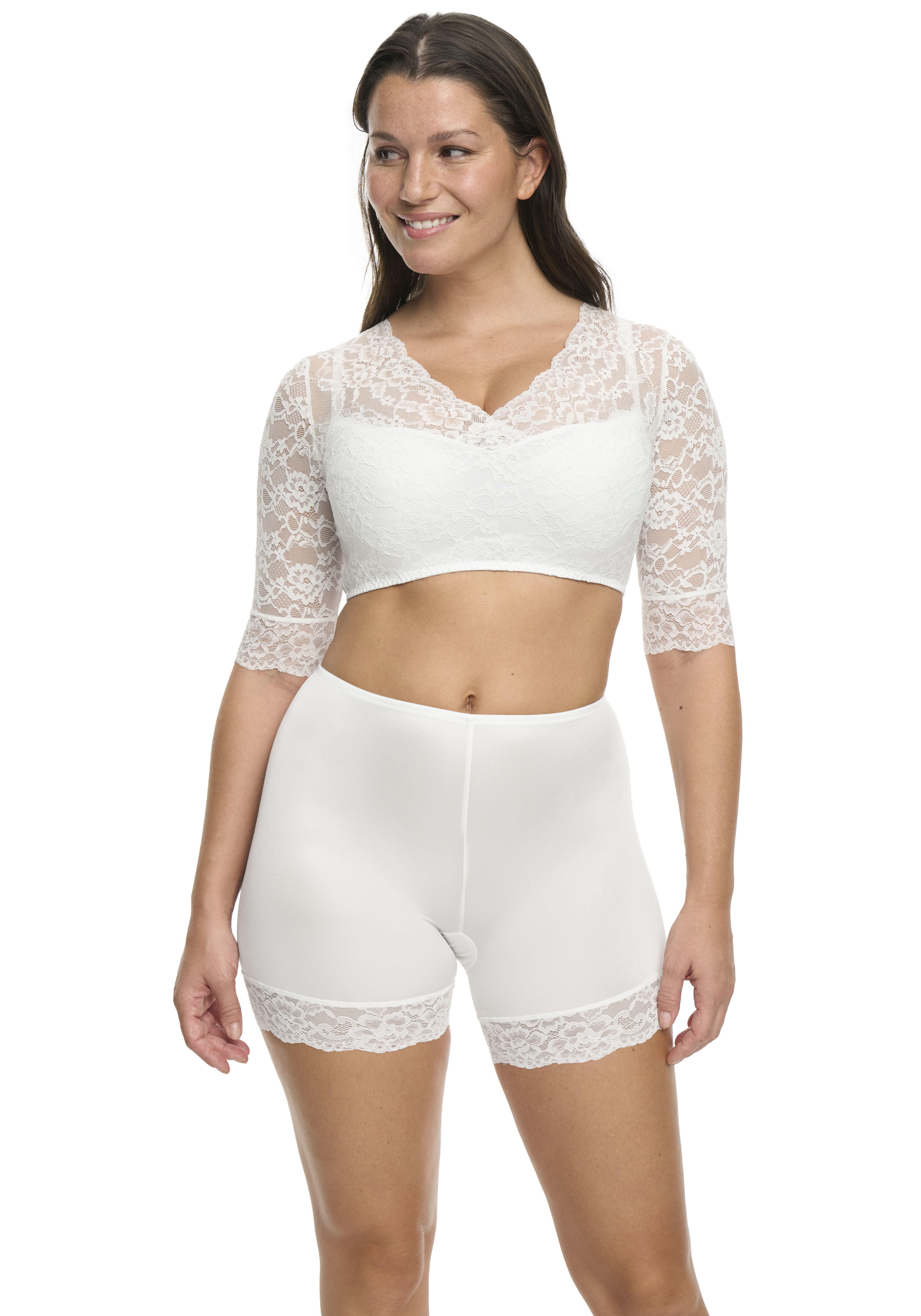 Dirndlbluse SUSA "Wiesn-Zauber", Damen, Gr. 32, weiß, Spitze, Obermaterial: 89% Polyamid, 11% Elasthan, bestickt, unifarben, eng bauchfrei, V-Ausschnitt, Ärmel ohne Ärmelschlitz Spitze, Blusen Dirndlbluse, florale Spitze, halbarm, elastisch,...